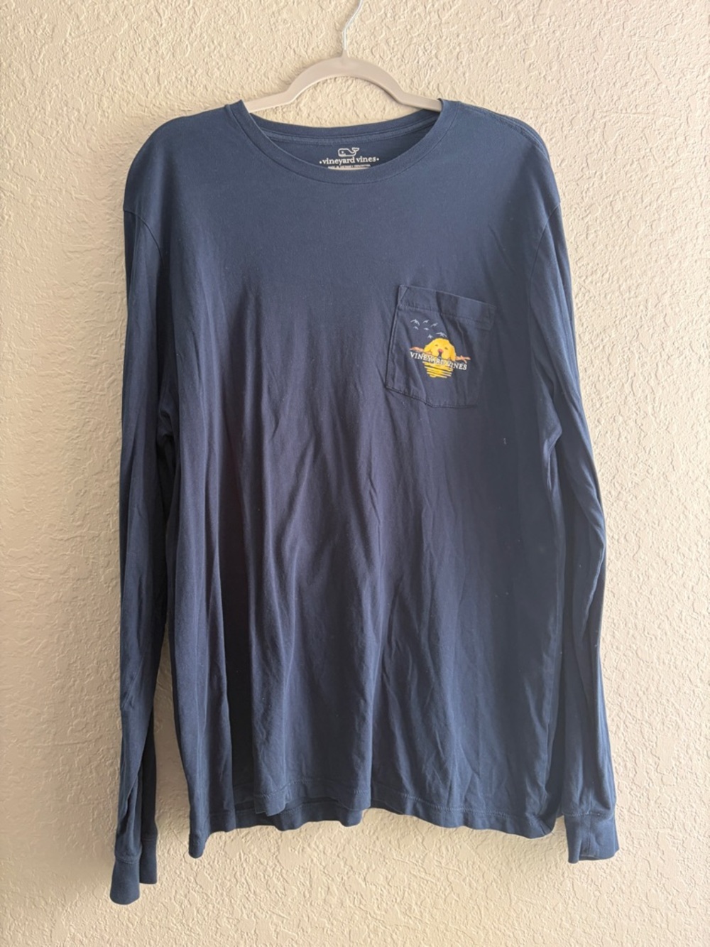 Vineyard Vines Navy Long-Sleeve Pocket Tee with Yellow Logo